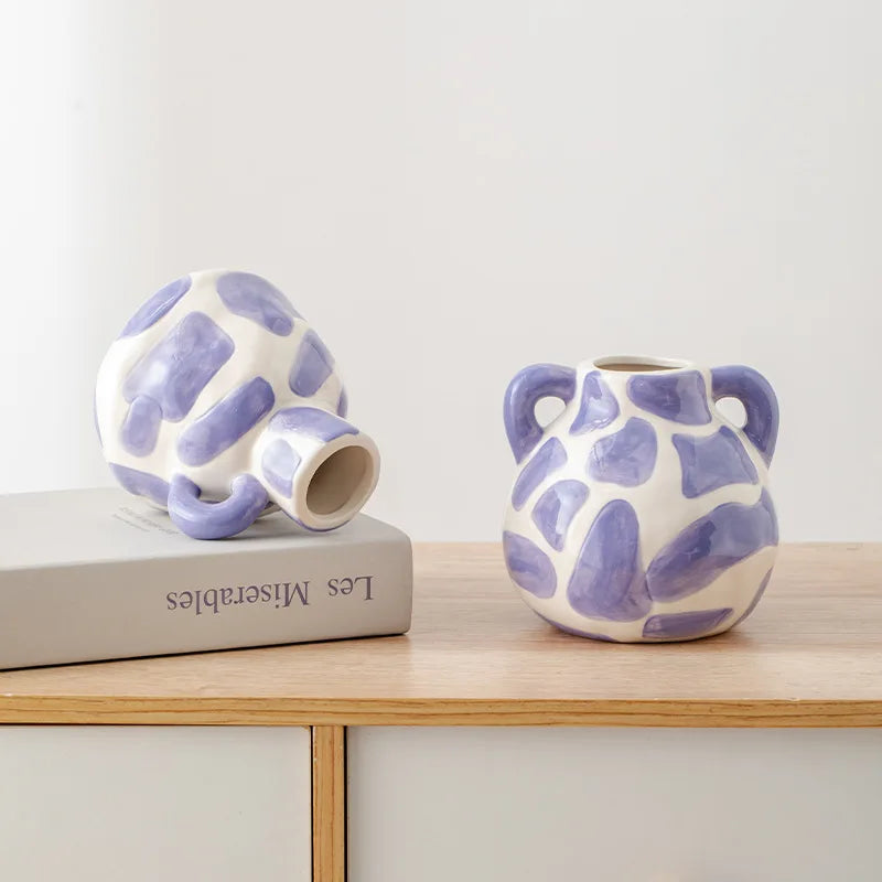 Hand Drawn Purple Double Handle Ceramic Vase,Irregular Textured FlowerPot for Dry Fresh Flower  Tabletop LivingRoom DecorOrnamet