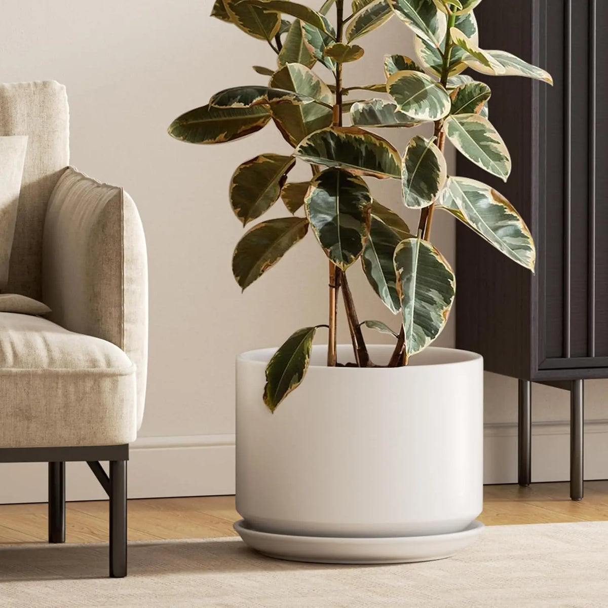 12" Ceramic Plant Pot with Drainage & Saucer, Elegant White, Perfect for Indoor Plants, Home & Office Decor