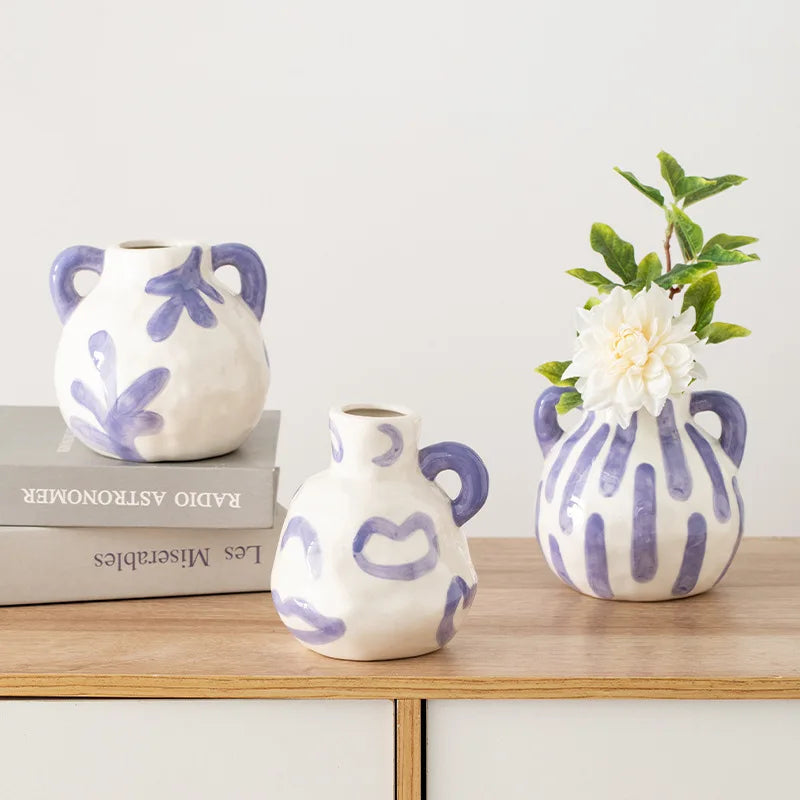 Hand Drawn Purple Double Handle Ceramic Vase,Irregular Textured FlowerPot for Dry Fresh Flower  Tabletop LivingRoom DecorOrnamet