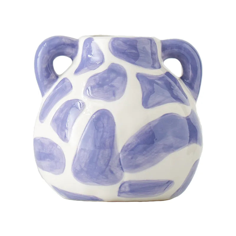 Hand Drawn Purple Double Handle Ceramic Vase,Irregular Textured FlowerPot for Dry Fresh Flower  Tabletop LivingRoom DecorOrnamet